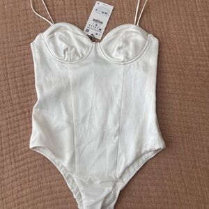 Zara White Bodysuit with Thin Straps and Ribbed Texture